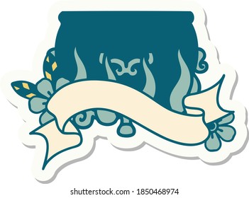 tattoo style sticker with banner of a lit cauldron