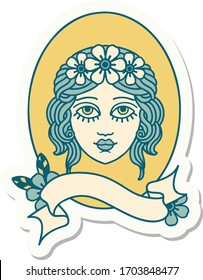 tattoo style sticker with banner of a maiden with flowers in her hair