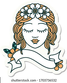 tattoo style sticker with banner of a maidens face