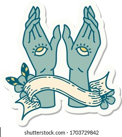tattoo style sticker with banner of mystic hands