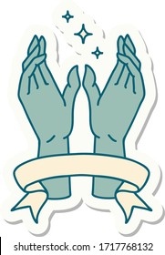 tattoo style sticker with banner of mystic hands