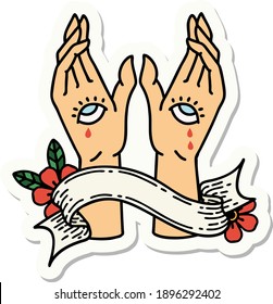 tattoo style sticker with banner of mystic hands