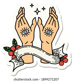 tattoo style sticker with banner of mystic hands
