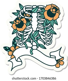 tattoo style sticker with banner of a rib cage and flowers