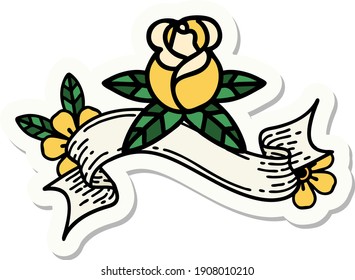 tattoo style sticker with banner of a single rose