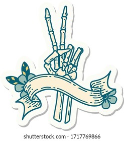 tattoo style sticker with banner of a skeleton giving a peace sign 
