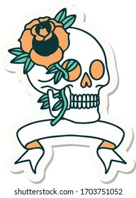 tattoo style sticker with banner of a skull and rose