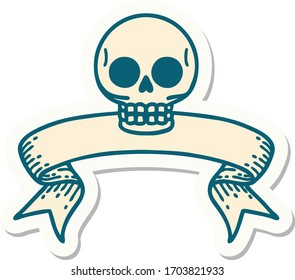 tattoo style sticker with banner of a skull