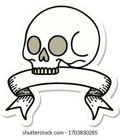 tattoo style sticker with banner of a skull