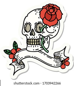 tattoo style sticker with banner of a skull and rose