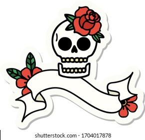 tattoo style sticker with banner of a skull and rose