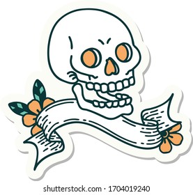 tattoo style sticker with banner of a skull