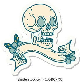 tattoo style sticker with banner of a skull