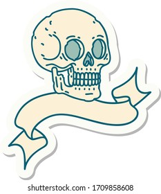 tattoo style sticker with banner of a skull