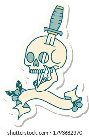 tattoo style sticker with banner of a skull