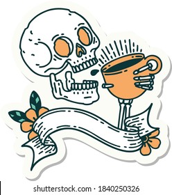 tattoo style sticker with banner of a skull drinking coffee
