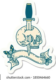 tattoo style sticker with banner of a skull