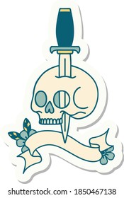tattoo style sticker with banner of a skull