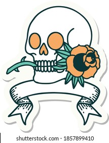 tattoo style sticker with banner of a skull and rose