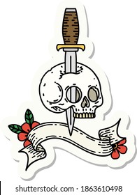 tattoo style sticker with banner of a skull