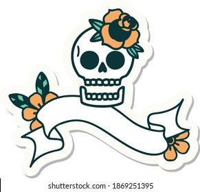 tattoo style sticker with banner of a skull and rose