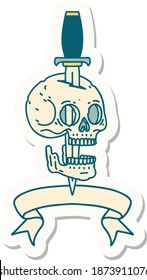 tattoo style sticker with banner of a skull