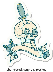 tattoo style sticker with banner of a skull