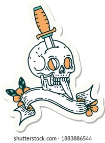tattoo style sticker with banner of a skull