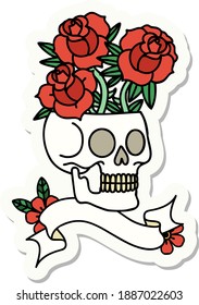 tattoo style sticker with banner of a skull and roses