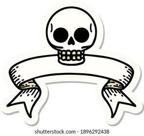 tattoo style sticker with banner of a skull