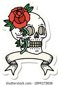 tattoo style sticker with banner of a skull and rose