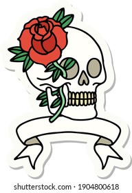 tattoo style sticker with banner of a skull and rose