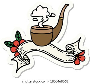 tattoo style sticker with banner of a smokers pipe