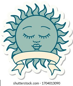 tattoo style sticker with banner of a sun with face