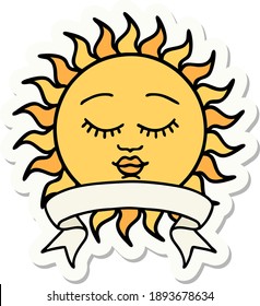 tattoo style sticker with banner of a sun with face