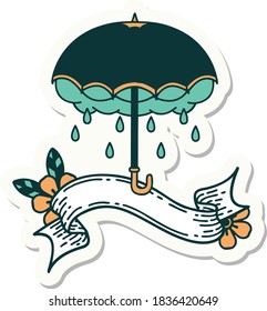 tattoo style sticker with banner of an umbrella and storm cloud