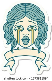 tattoo style sticker with banner of a very happy crying female face
