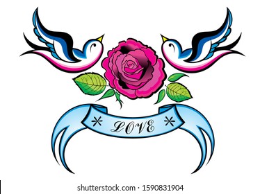 Tattoo Style Swallow. Old-school styled tattoo of a swallow with banner and rose