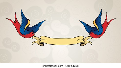 Tattoo style swallows with banner, old school
