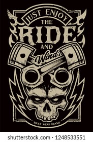 Tattoo style vector art with bike attributes. Two crossed pistons, skull, fire and lightnings. Typography saying Just Enjoy the Ride. Weathered grunge style print for bikers.