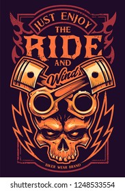 Tattoo style vector art with bike attributes. Two crossed pistons, skull, fire and lightnings. Typography saying Just Enjoy the Ride. Weathered grunge style print for bikers.