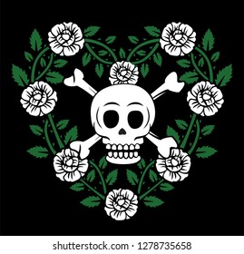 Tattoo style vector graphic of heart shaped roses with skull