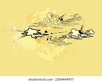 tattoo style yellow sky clouds pastel japanese chinese traditional vector illustration card background colorful watercolor ink textured korean