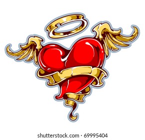 Tattoo styled heart with wings, halo and ribbon for your text. Layered. Vector EPS 10 illustration.