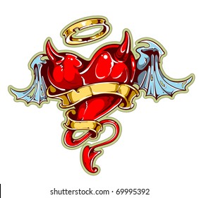 Tattoo styled heart with wings, horns and ribbon for your text. Layered. Vector EPS 10 illustration.