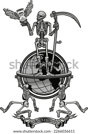 Tattoo styled skull and banner saying "memento mori" in Latin which means "remember about death"