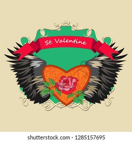 Tattoo styling for Valentine's Day. Heart with a rose and wings, decorated in the form of an emblem. Vector illustration