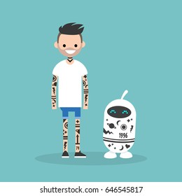 Tattoo subculture. Human and robot fully covered with tattoos / flat editable vector illustration, clip art