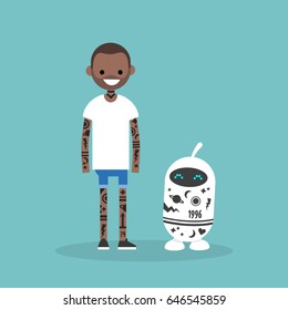 Tattoo subculture. Human and robot fully covered with tattoos / flat editable vector illustration, clip art