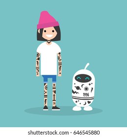 Tattoo subculture. Human and robot fully covered with tattoos / flat editable vector illustration, clip art